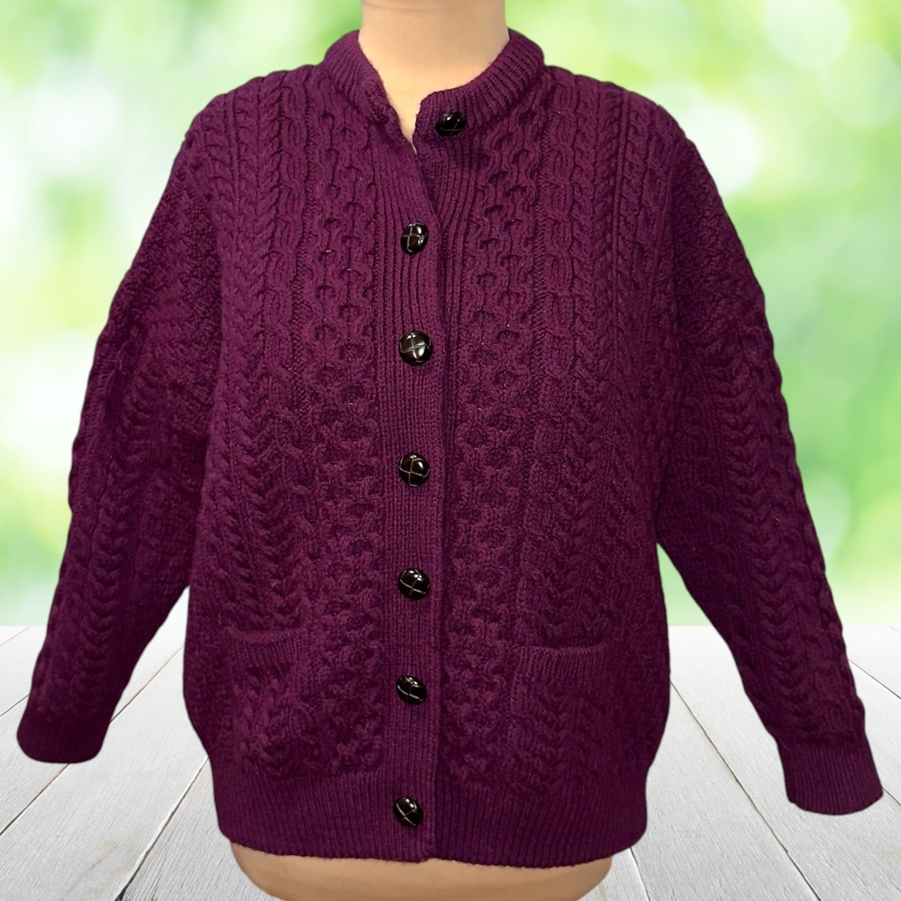 Vintage SHANNON WOOLEN MILLS Merino Wool Cardigan Chunky Cable Knit Plum Size M